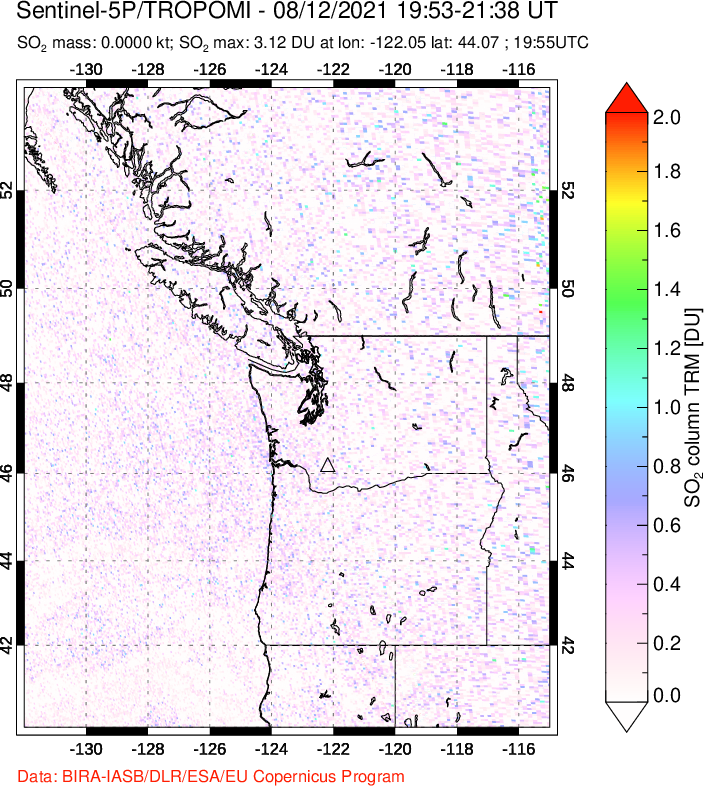 A sulfur dioxide image over Cascade Range, USA on Aug 12, 2021.