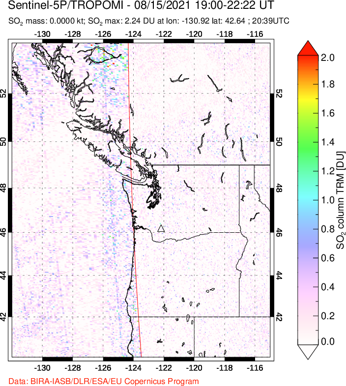 A sulfur dioxide image over Cascade Range, USA on Aug 15, 2021.
