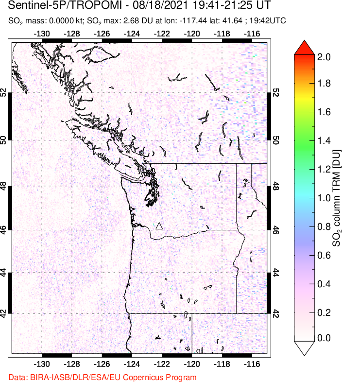 A sulfur dioxide image over Cascade Range, USA on Aug 18, 2021.