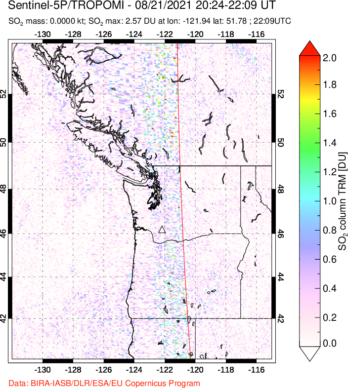 A sulfur dioxide image over Cascade Range, USA on Aug 21, 2021.