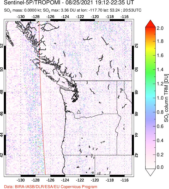 A sulfur dioxide image over Cascade Range, USA on Aug 25, 2021.