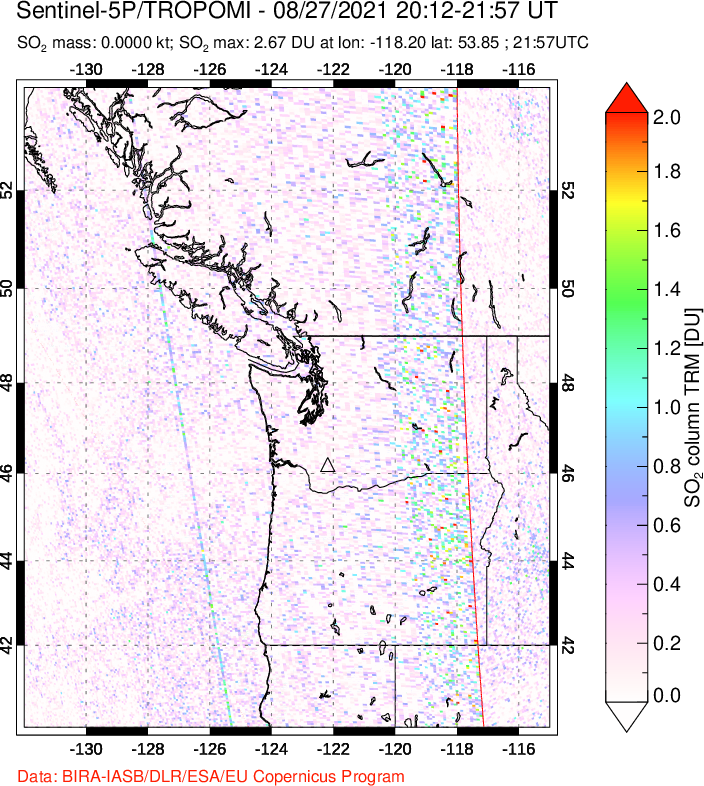 A sulfur dioxide image over Cascade Range, USA on Aug 27, 2021.