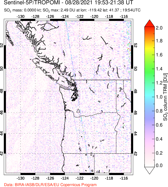 A sulfur dioxide image over Cascade Range, USA on Aug 28, 2021.