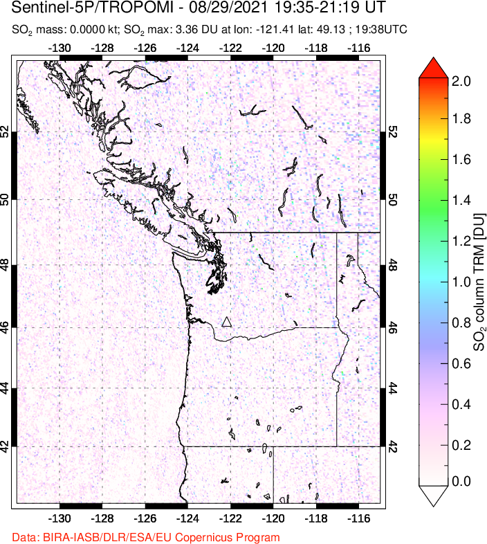 A sulfur dioxide image over Cascade Range, USA on Aug 29, 2021.