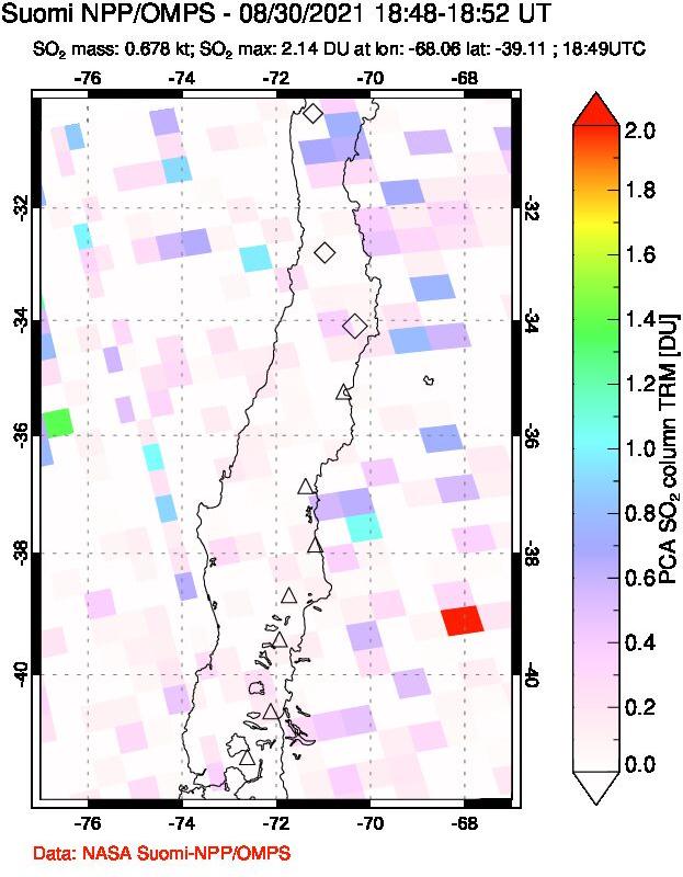 A sulfur dioxide image over Central Chile on Aug 30, 2021.