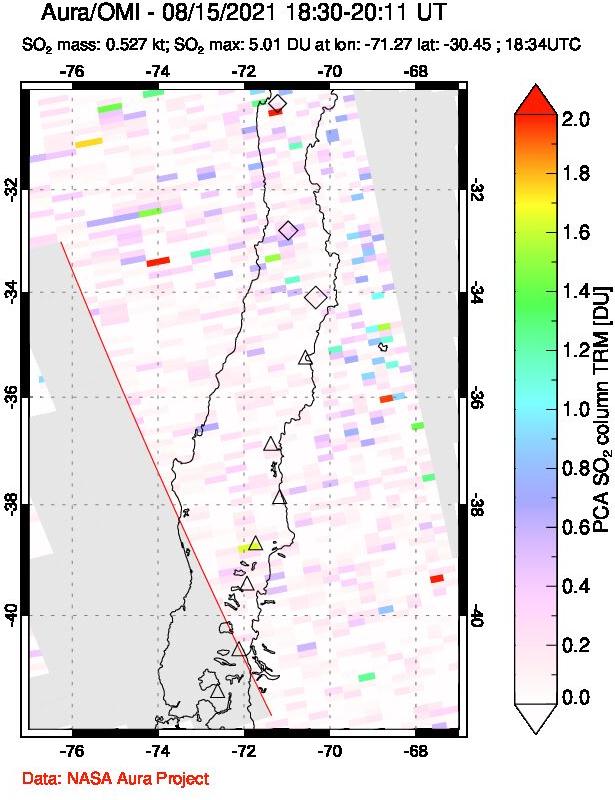 A sulfur dioxide image over Central Chile on Aug 15, 2021.