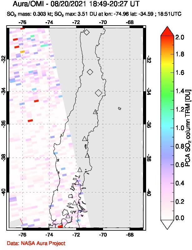 A sulfur dioxide image over Central Chile on Aug 20, 2021.