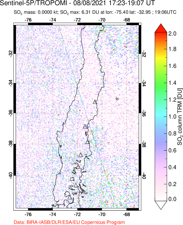 A sulfur dioxide image over Central Chile on Aug 08, 2021.