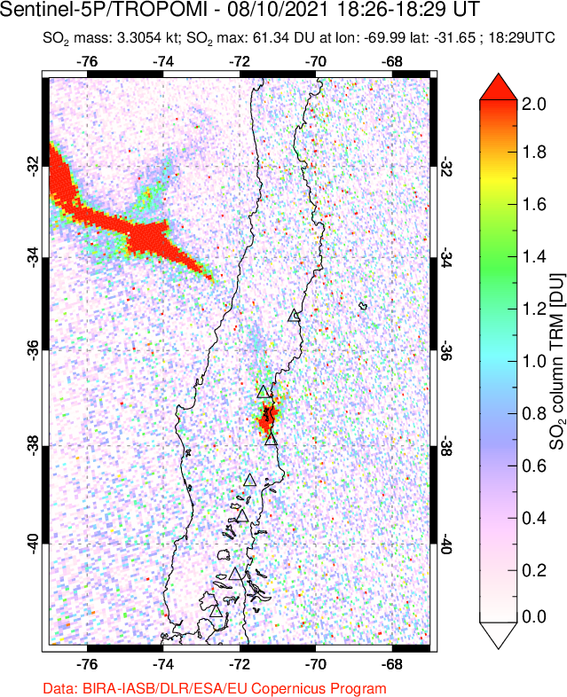 A sulfur dioxide image over Central Chile on Aug 10, 2021.