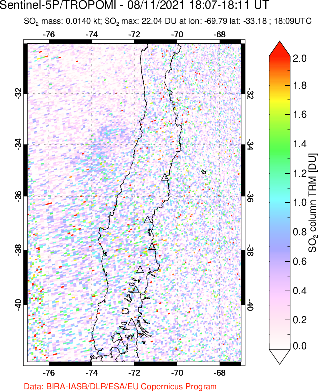 A sulfur dioxide image over Central Chile on Aug 11, 2021.
