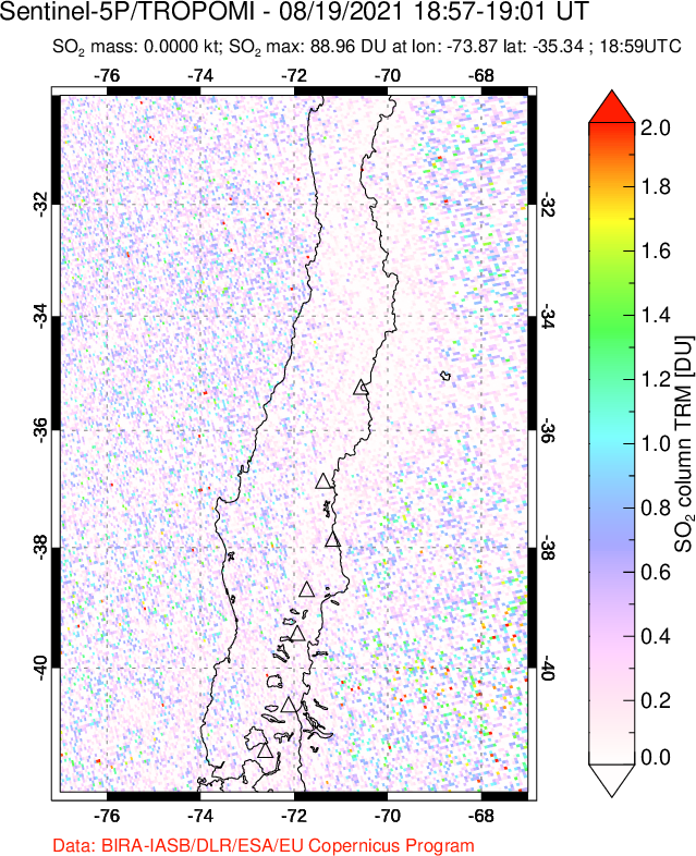 A sulfur dioxide image over Central Chile on Aug 19, 2021.
