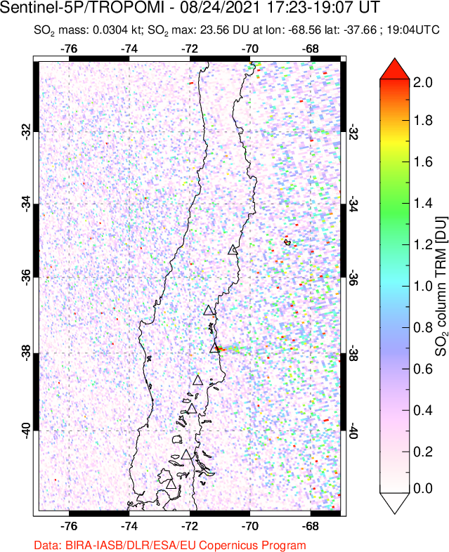 A sulfur dioxide image over Central Chile on Aug 24, 2021.