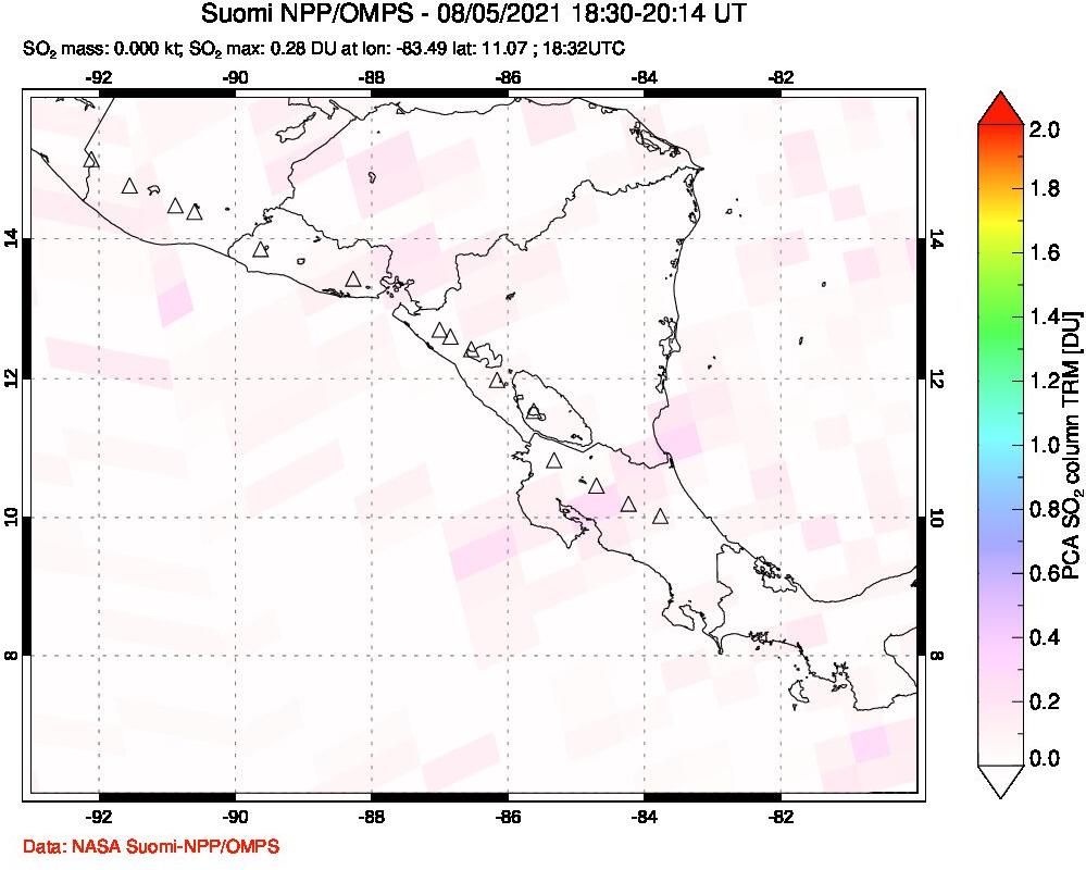 A sulfur dioxide image over Central America on Aug 05, 2021.