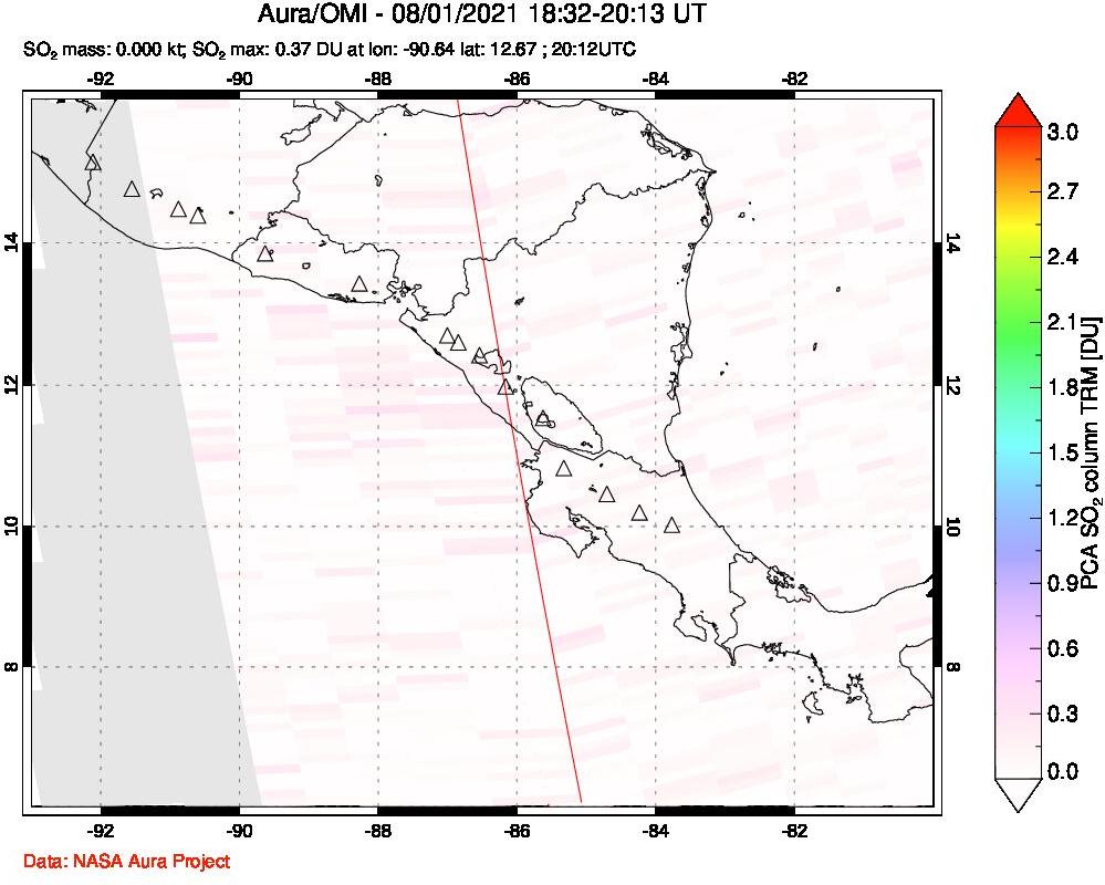 A sulfur dioxide image over Central America on Aug 01, 2021.