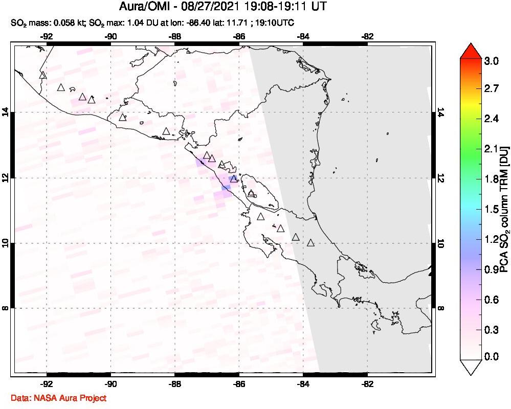 A sulfur dioxide image over Central America on Aug 27, 2021.