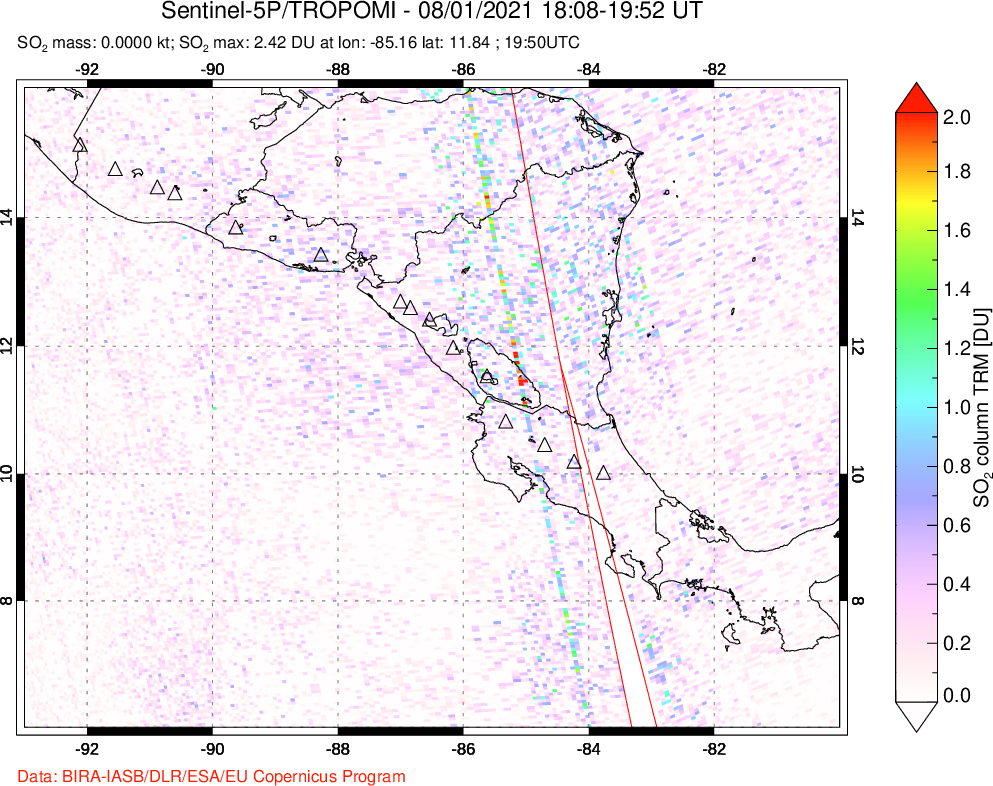 A sulfur dioxide image over Central America on Aug 01, 2021.