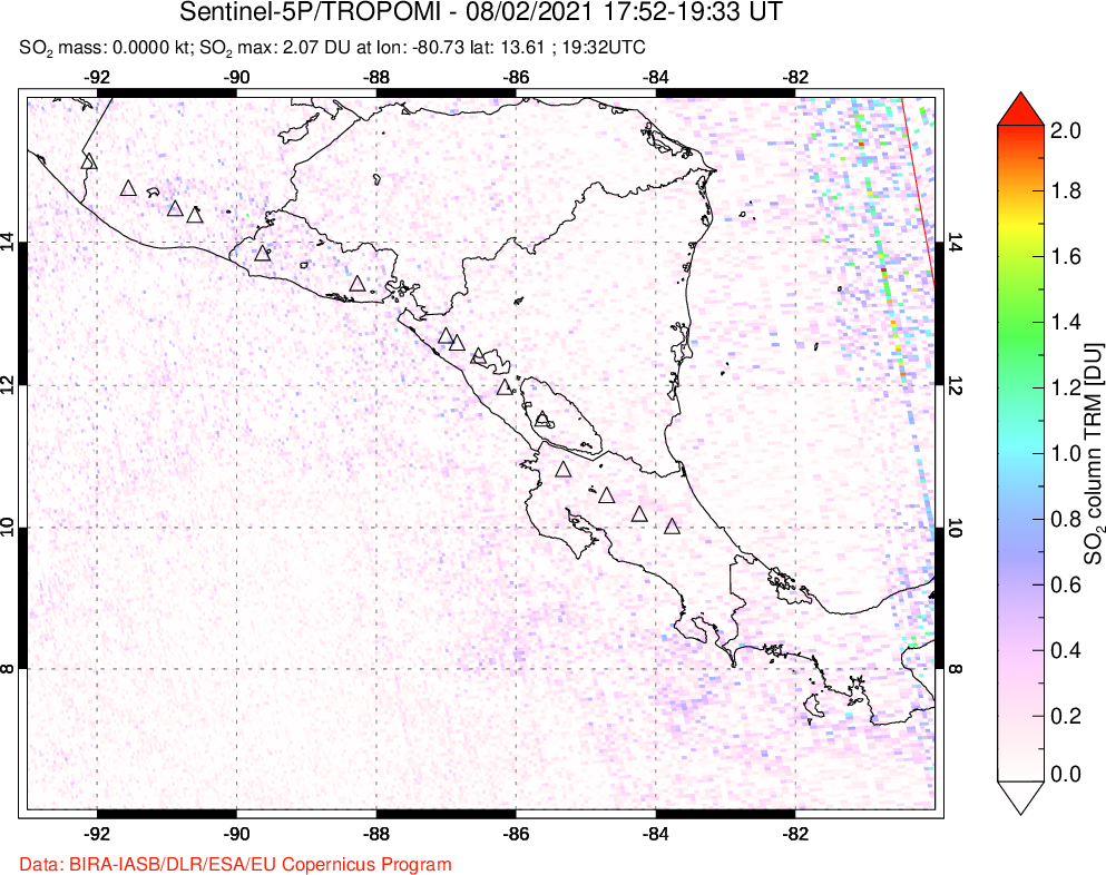 A sulfur dioxide image over Central America on Aug 02, 2021.