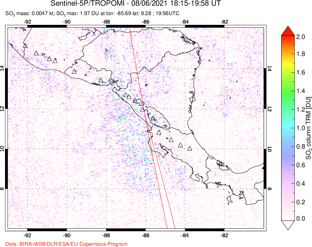 A sulfur dioxide image over Central America on Aug 06, 2021.