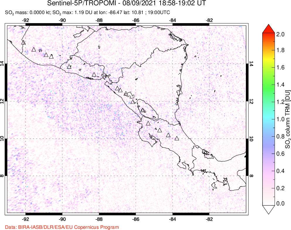 A sulfur dioxide image over Central America on Aug 09, 2021.