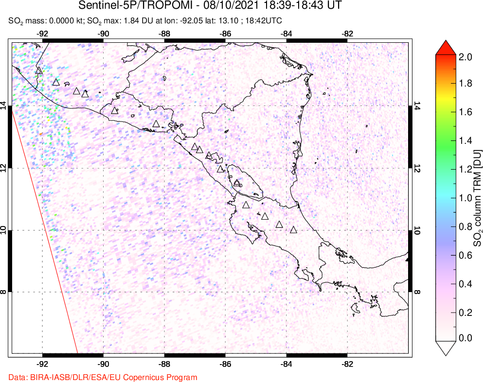 A sulfur dioxide image over Central America on Aug 10, 2021.