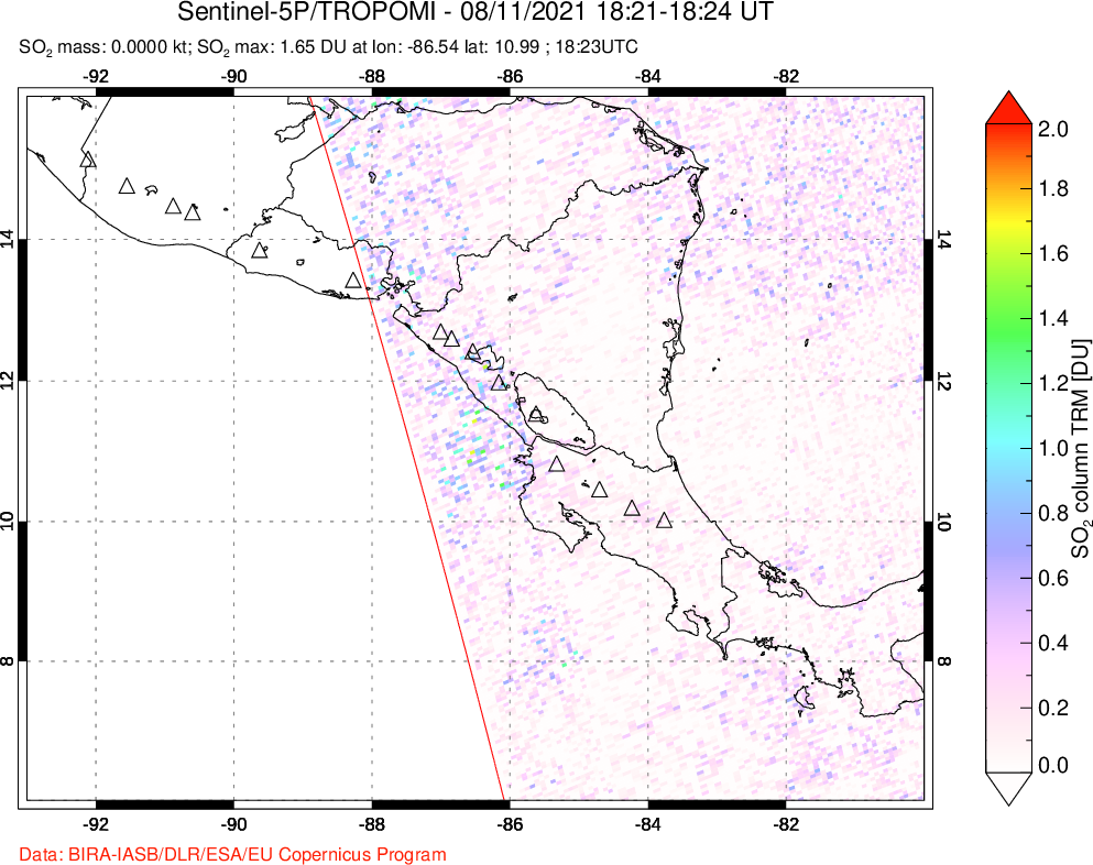 A sulfur dioxide image over Central America on Aug 11, 2021.