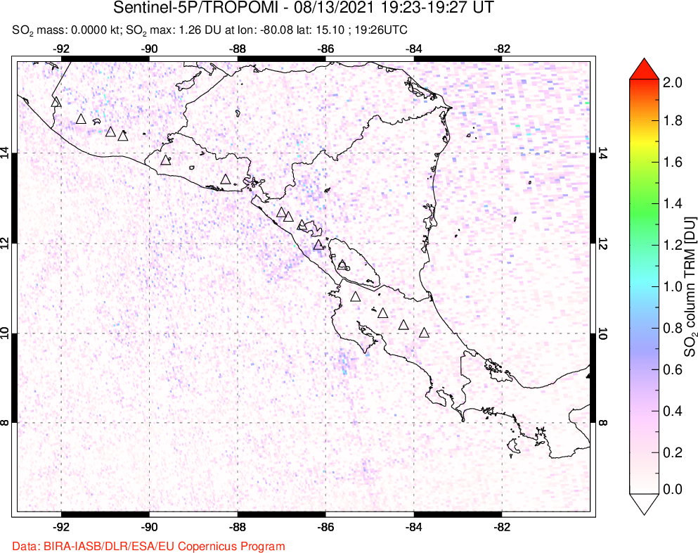 A sulfur dioxide image over Central America on Aug 13, 2021.