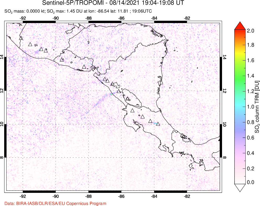 A sulfur dioxide image over Central America on Aug 14, 2021.