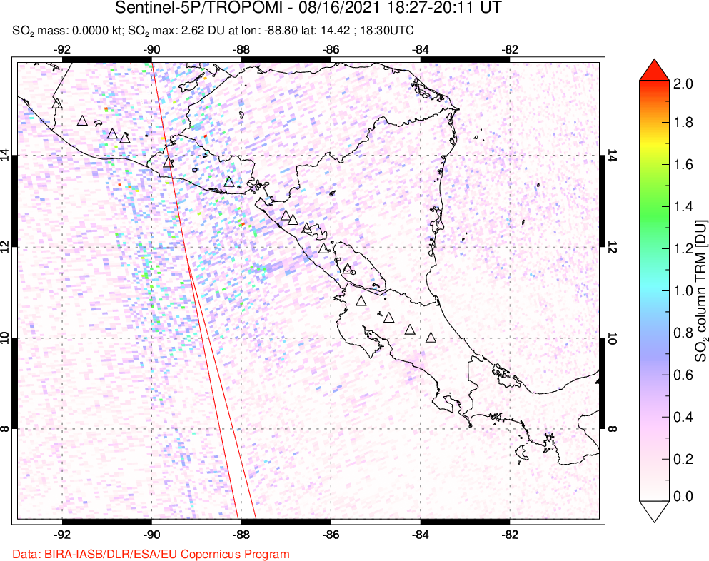 A sulfur dioxide image over Central America on Aug 16, 2021.