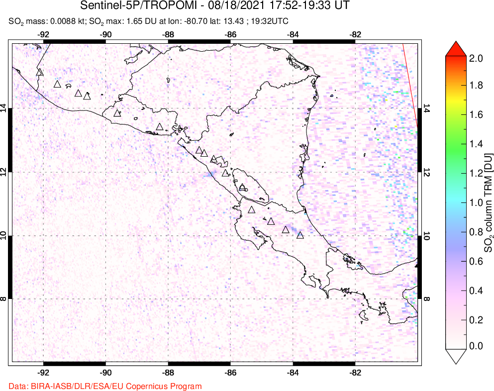 A sulfur dioxide image over Central America on Aug 18, 2021.