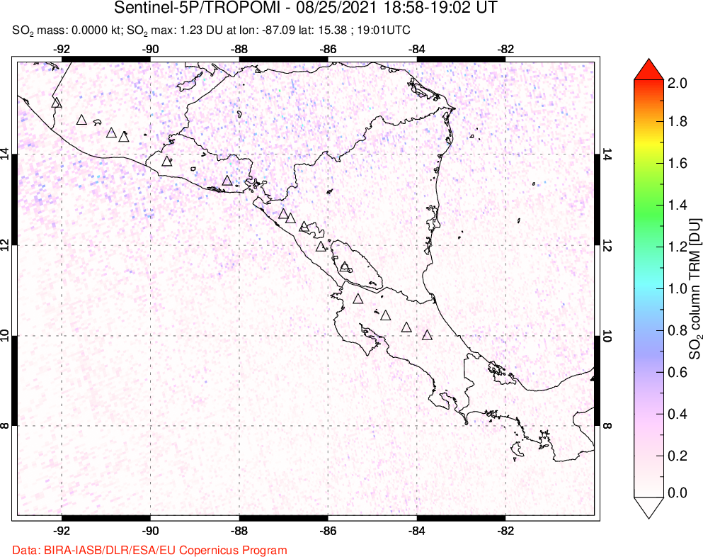 A sulfur dioxide image over Central America on Aug 25, 2021.