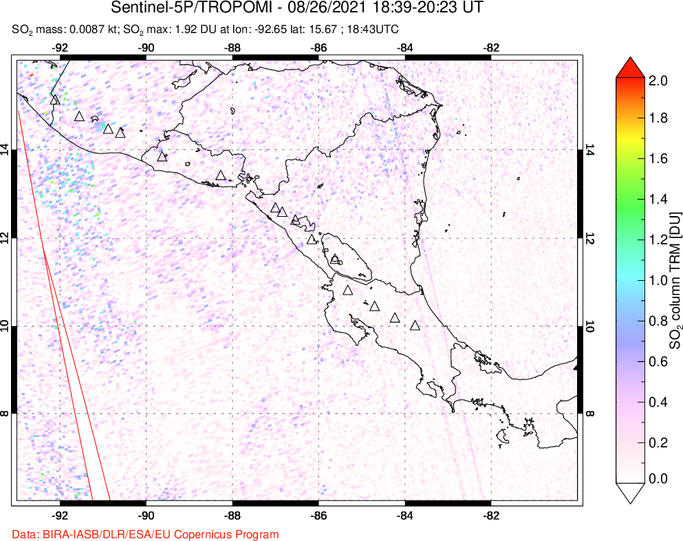 A sulfur dioxide image over Central America on Aug 26, 2021.