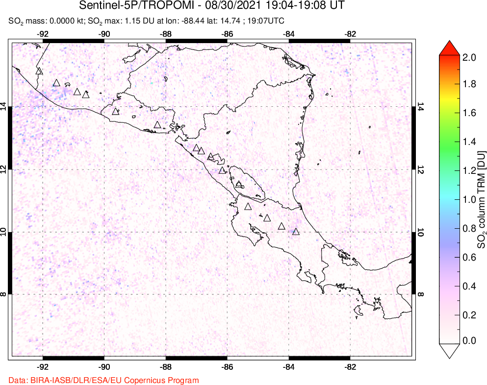A sulfur dioxide image over Central America on Aug 30, 2021.
