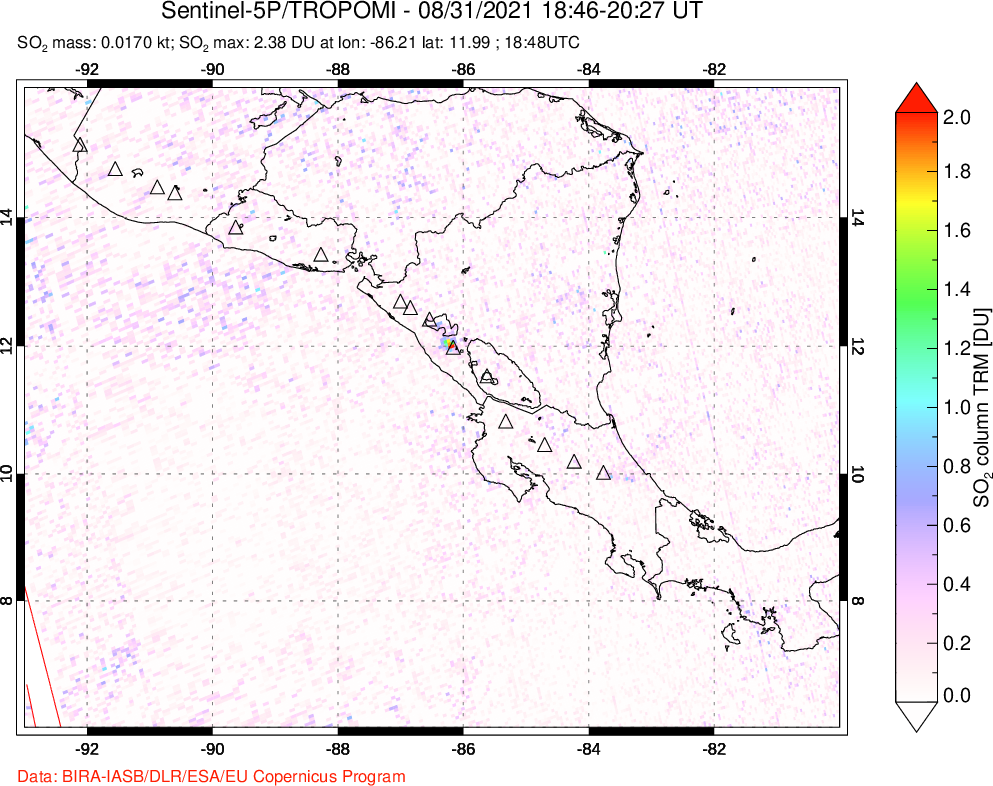 A sulfur dioxide image over Central America on Aug 31, 2021.