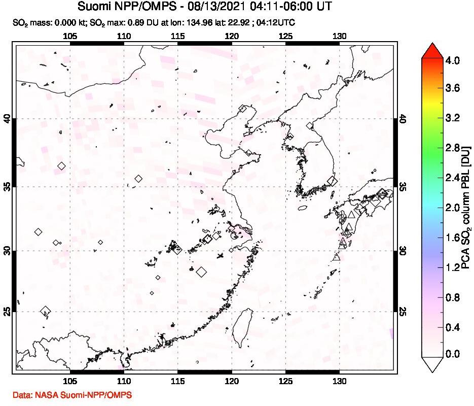 A sulfur dioxide image over Eastern China on Aug 13, 2021.
