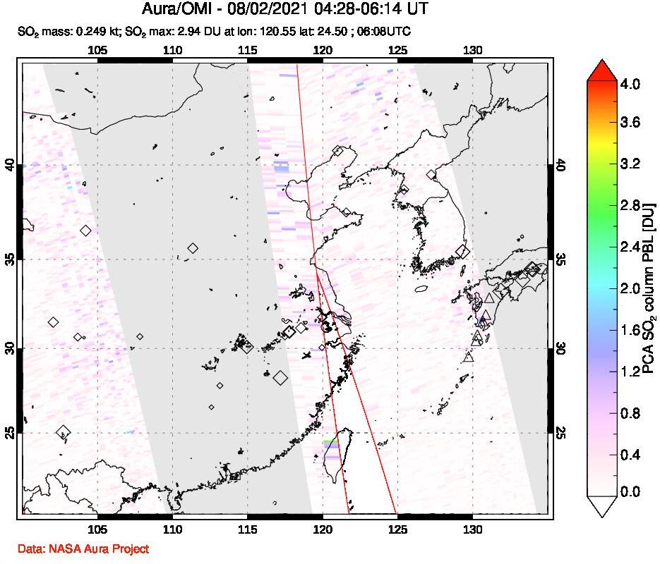 A sulfur dioxide image over Eastern China on Aug 02, 2021.