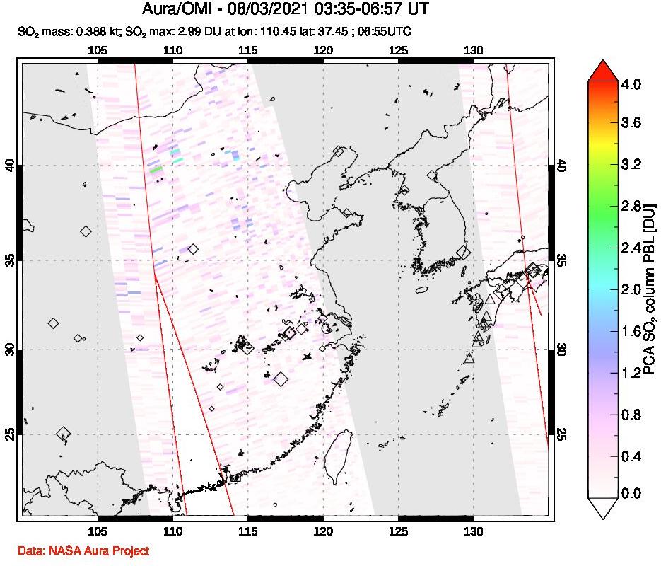 A sulfur dioxide image over Eastern China on Aug 03, 2021.