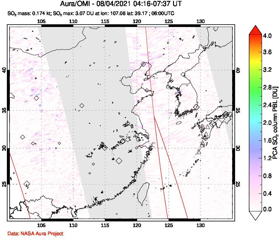 A sulfur dioxide image over Eastern China on Aug 04, 2021.