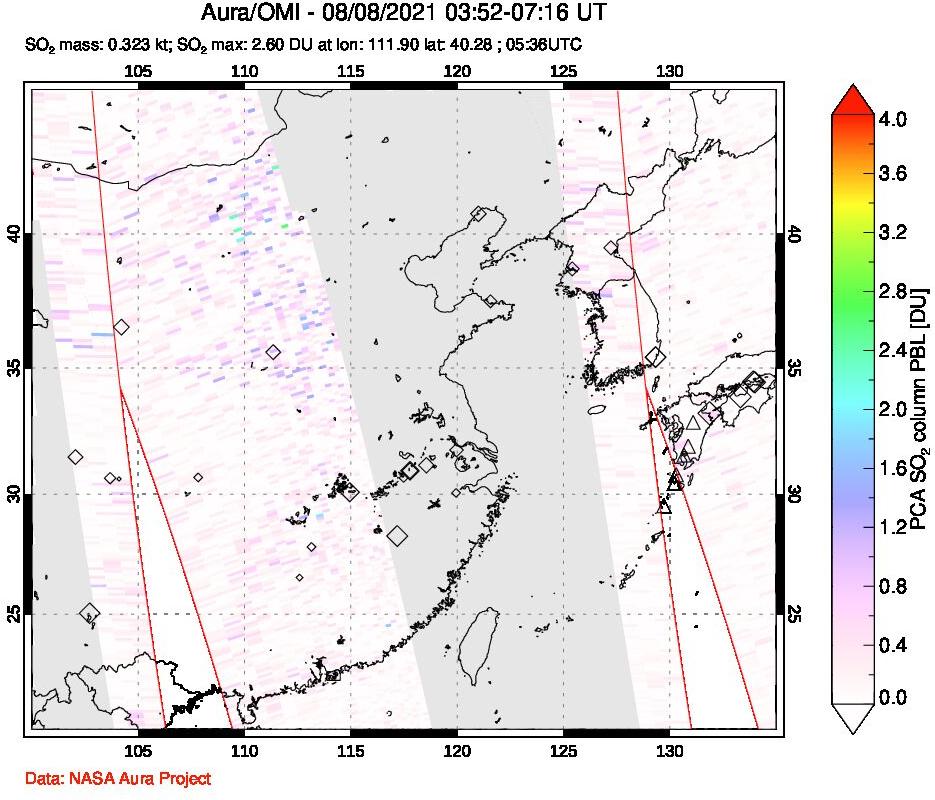 A sulfur dioxide image over Eastern China on Aug 08, 2021.