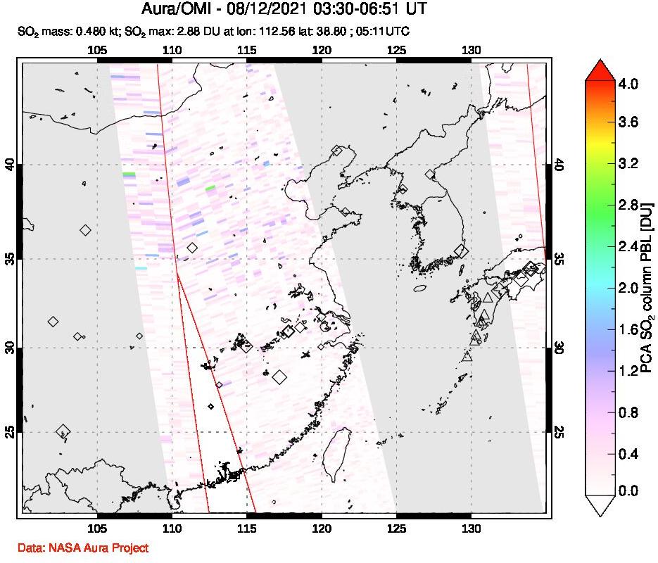 A sulfur dioxide image over Eastern China on Aug 12, 2021.