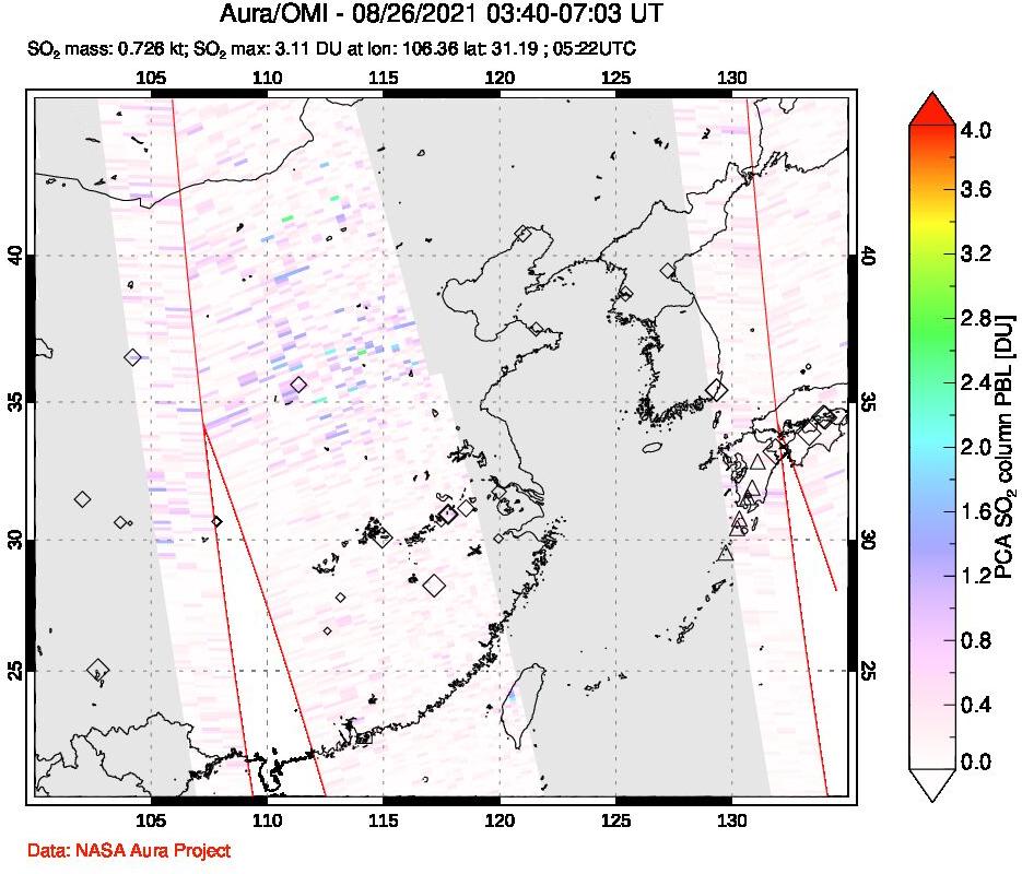 A sulfur dioxide image over Eastern China on Aug 26, 2021.