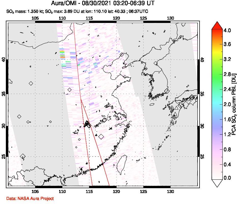 A sulfur dioxide image over Eastern China on Aug 30, 2021.