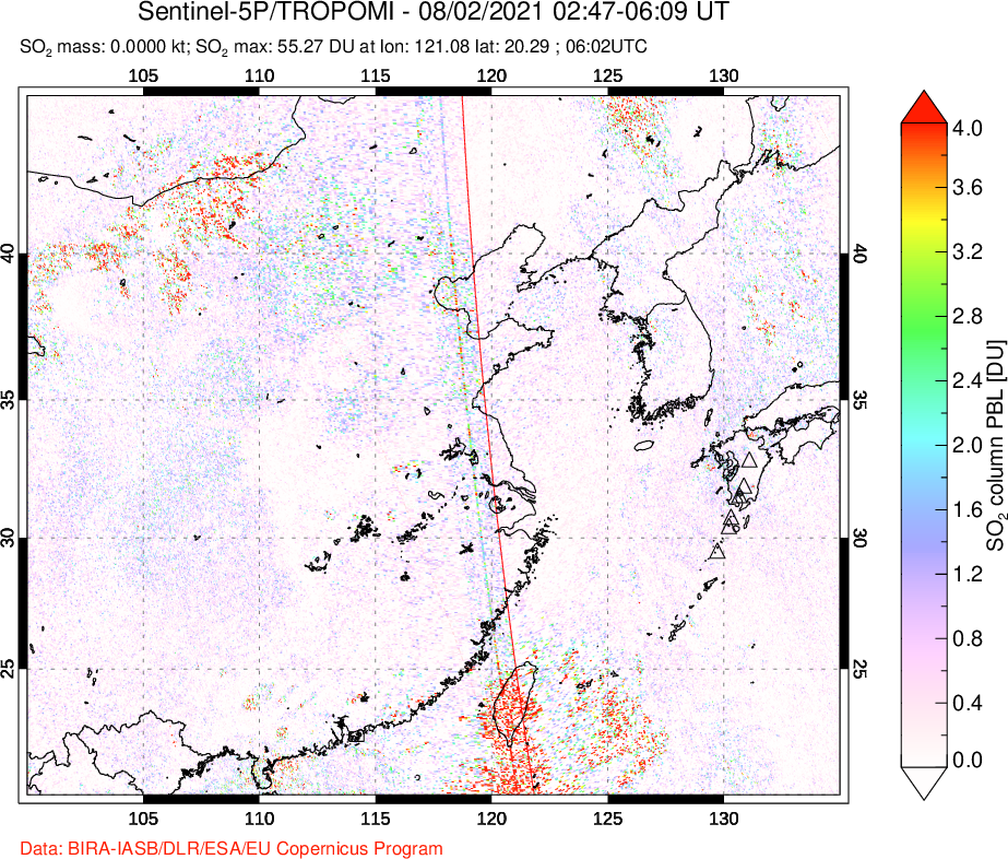 A sulfur dioxide image over Eastern China on Aug 02, 2021.