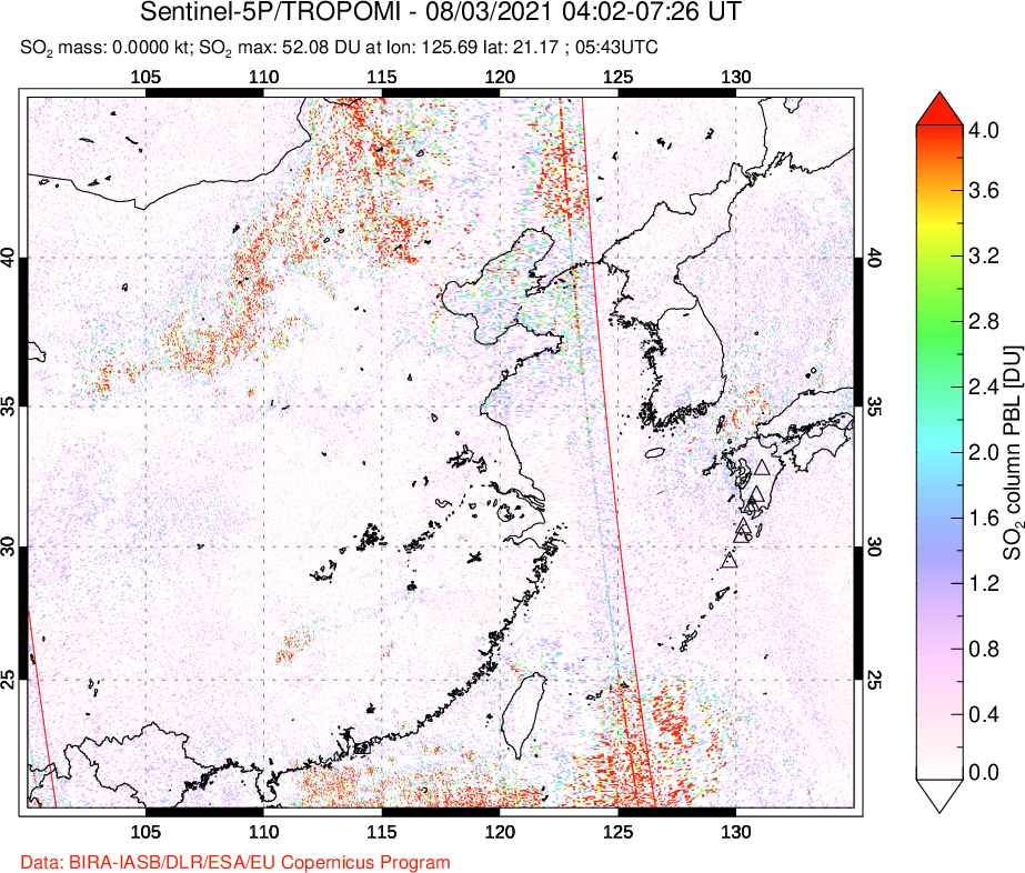 A sulfur dioxide image over Eastern China on Aug 03, 2021.