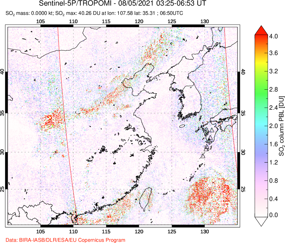 A sulfur dioxide image over Eastern China on Aug 05, 2021.
