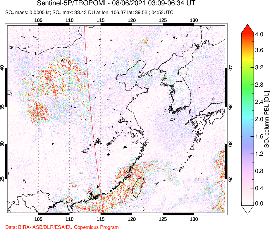 A sulfur dioxide image over Eastern China on Aug 06, 2021.