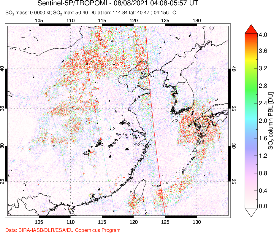 A sulfur dioxide image over Eastern China on Aug 08, 2021.