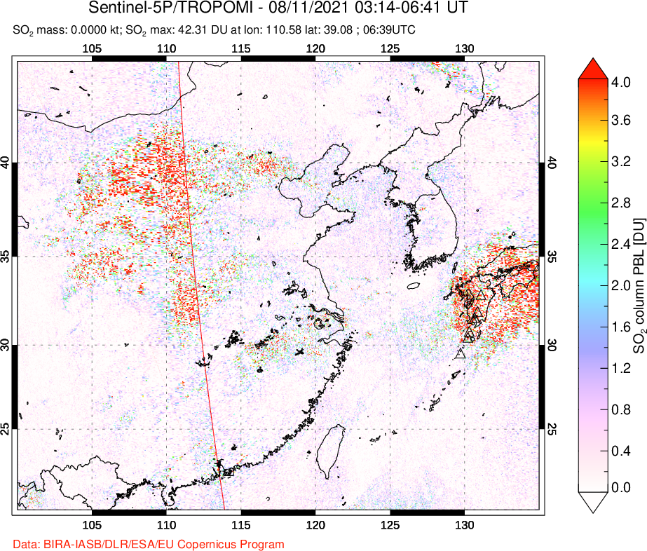 A sulfur dioxide image over Eastern China on Aug 11, 2021.