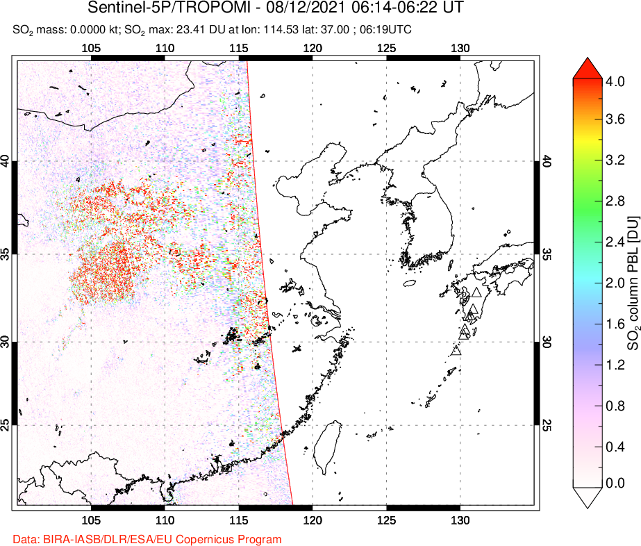 A sulfur dioxide image over Eastern China on Aug 12, 2021.