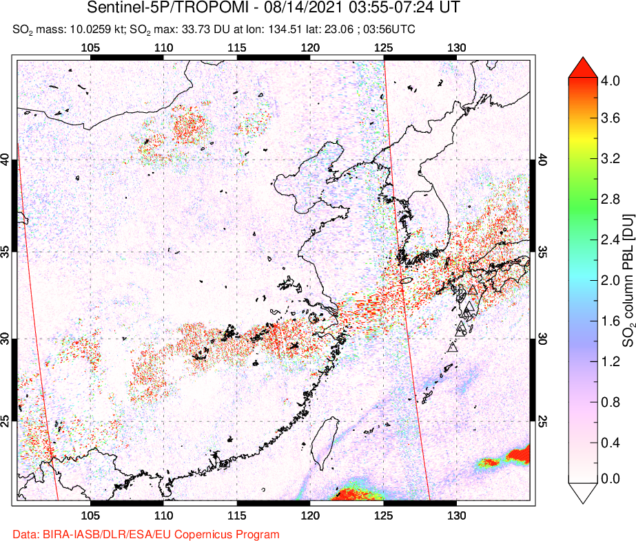 A sulfur dioxide image over Eastern China on Aug 14, 2021.