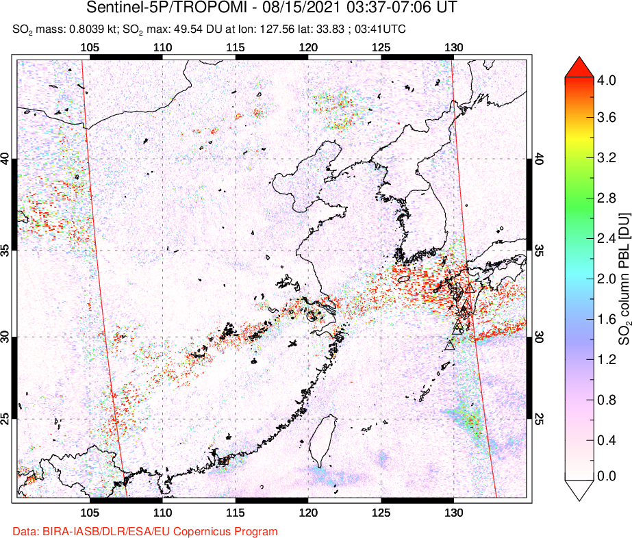 A sulfur dioxide image over Eastern China on Aug 15, 2021.